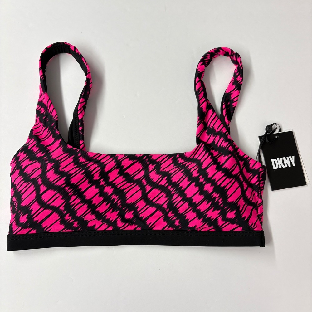 DKNY Women Bikini Top Medium Pink Black Abstract Print UV Protection NWT Swim